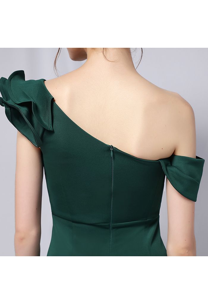 Ruffle One-Shoulder Mermaid Satin Gown in Emerald