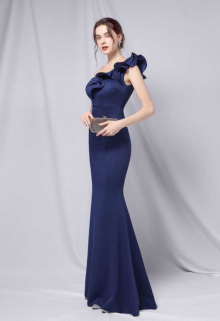 Ruffle One-Shoulder Mermaid Satin Gown in Navy