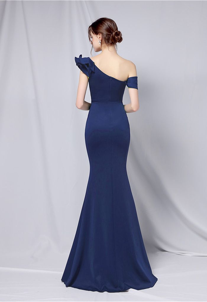 Ruffle One-Shoulder Mermaid Satin Gown in Navy