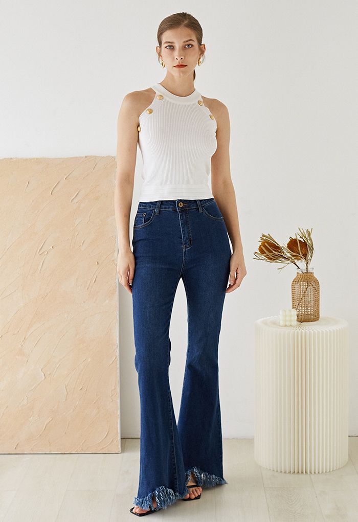 Tassel Hem Classic Pocket Flare Jeans in Navy