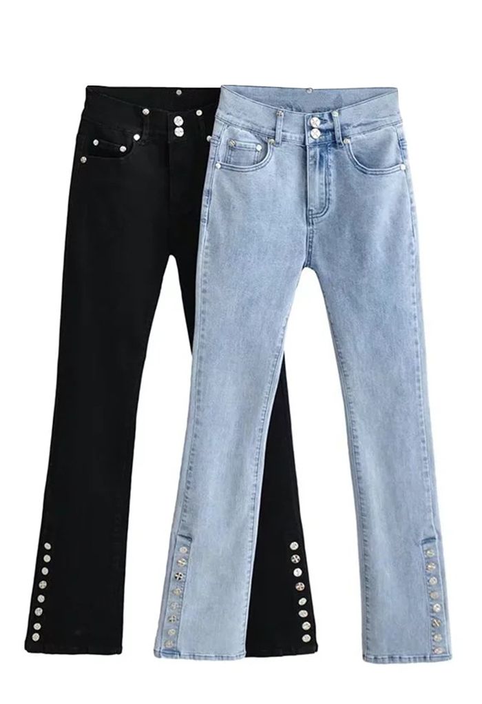 High Waist Button Trim Stretchy Jeans in Black