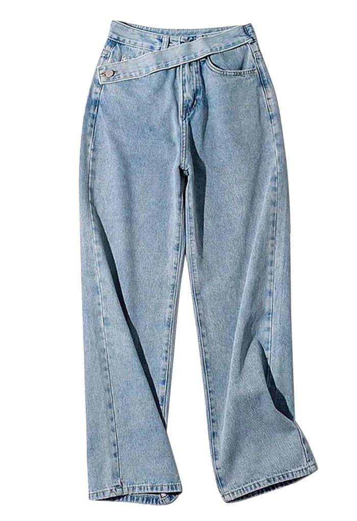 Side Button Wide Leg Jeans in Blue