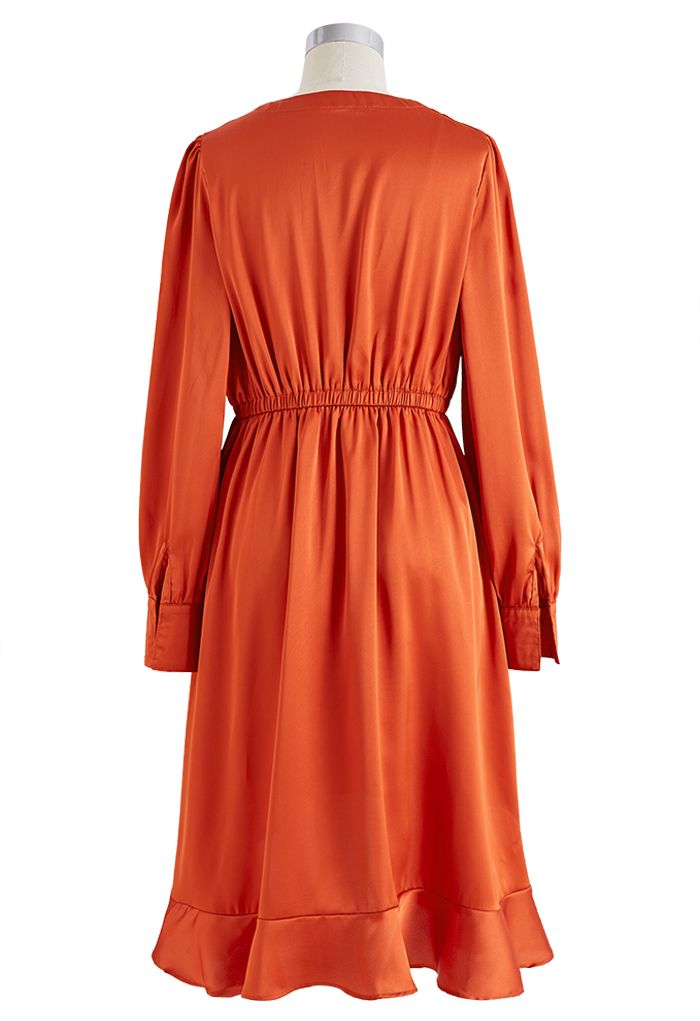 Asymmetric Ruffle Hem Wrap Satin Dress in Orange