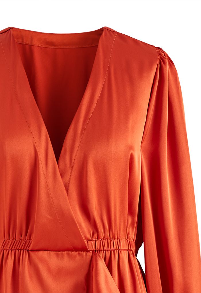 Asymmetric Ruffle Hem Wrap Satin Dress in Orange