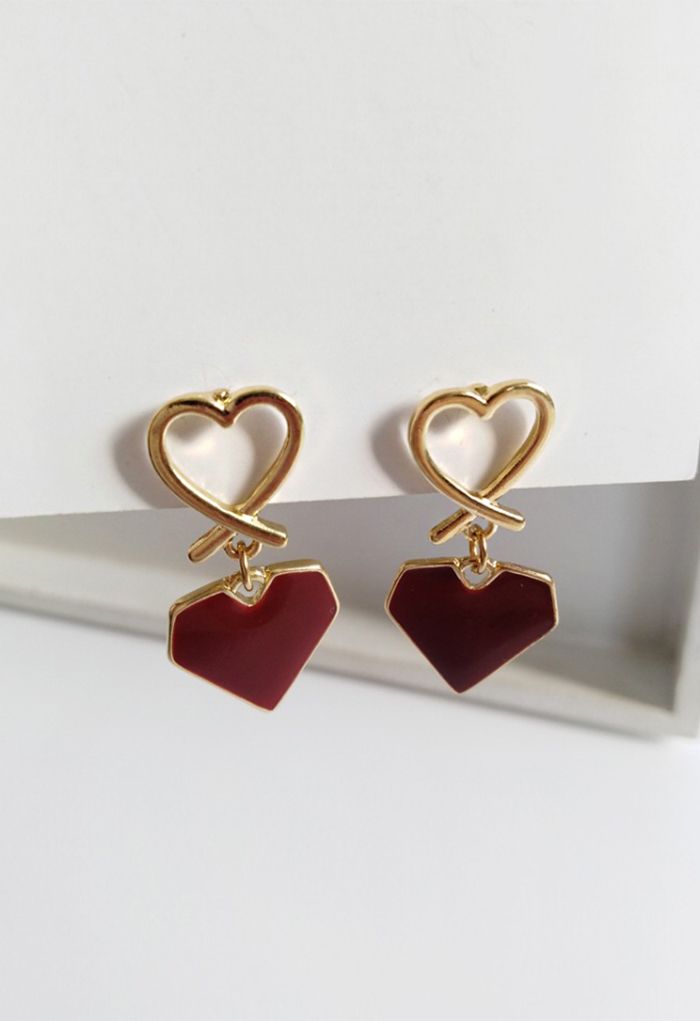 Scarlet Red Heart Shape Drop Earrings