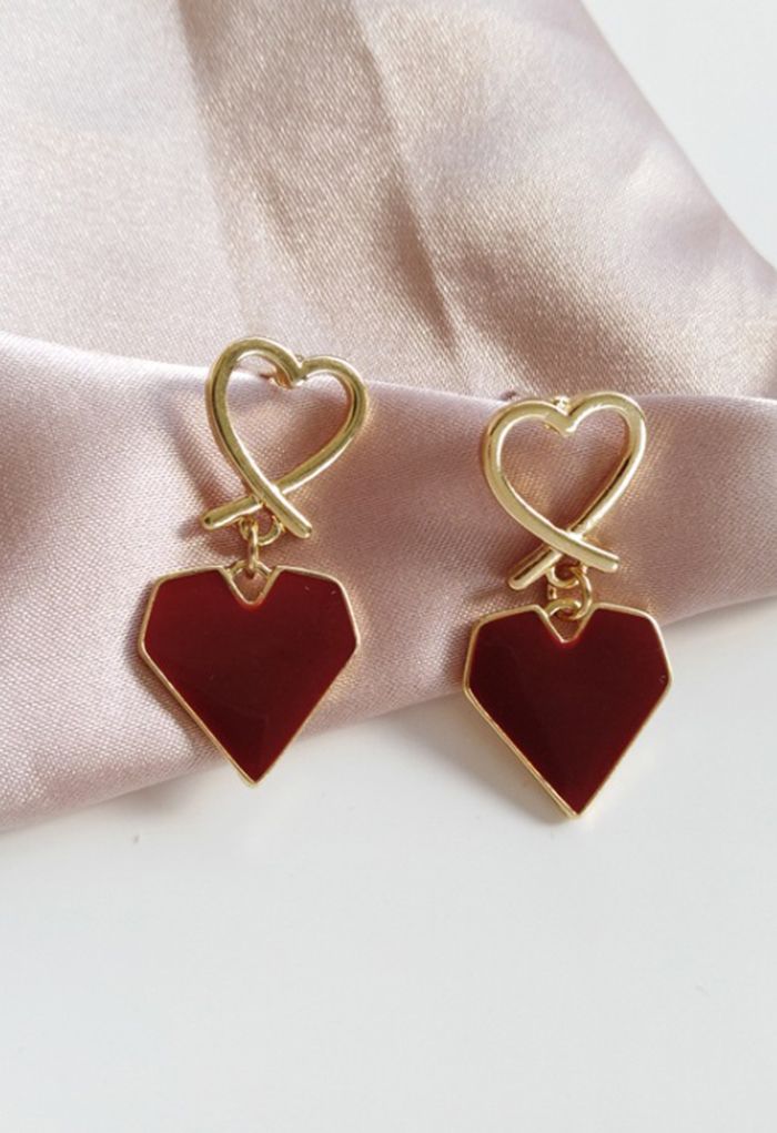 Scarlet Red Heart Shape Drop Earrings