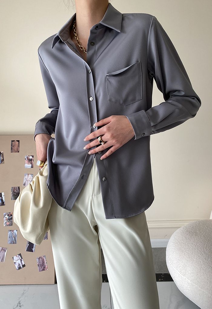 Front Pocket Satin Button Down Shirt in Dusty Blue