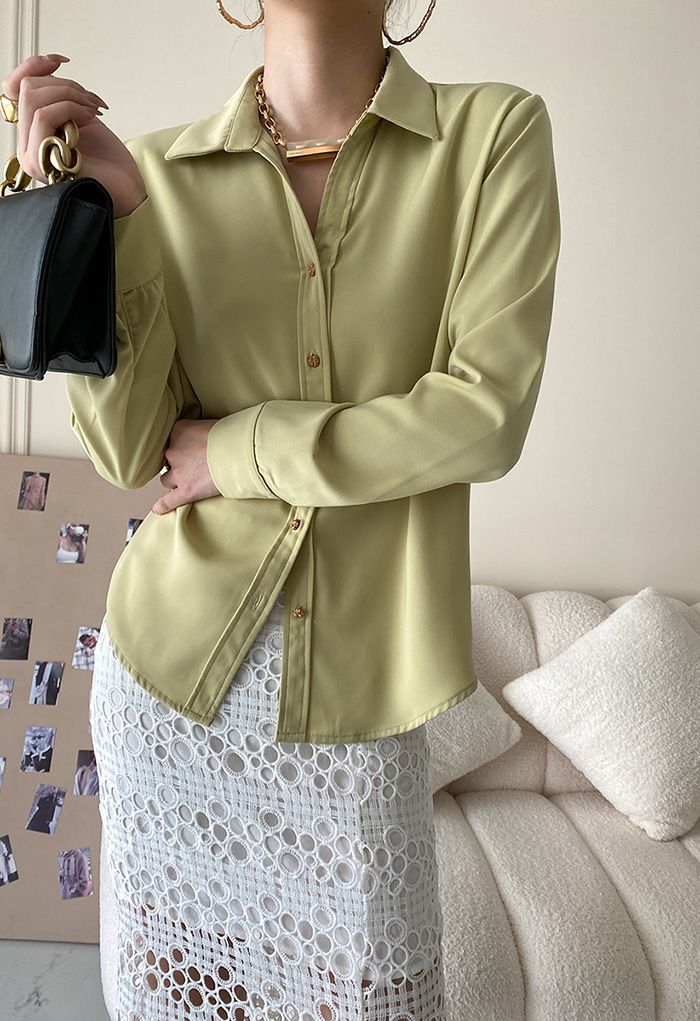 Golden Button Pointed Collar Shirt in Lime