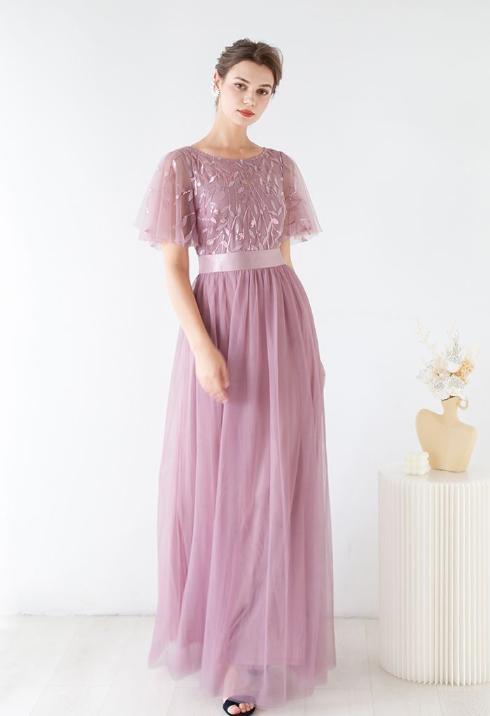 Sequined Vine Flutter Sleeve Mesh Gown in Dusty Pink