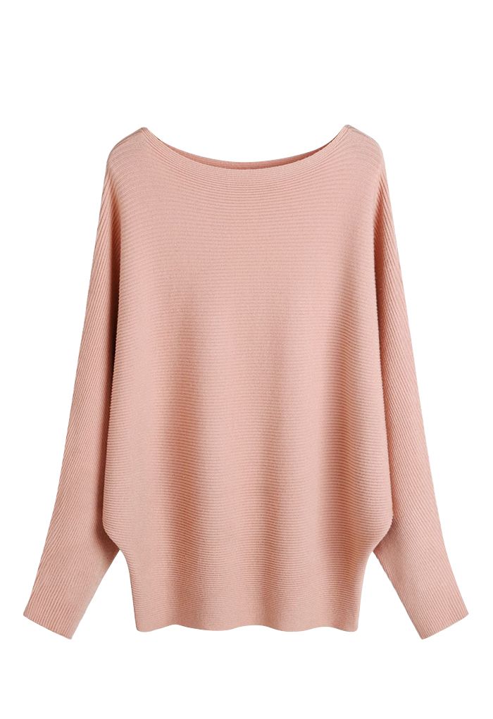 Boat Neck Batwing Sleeves Knit Top in Pink