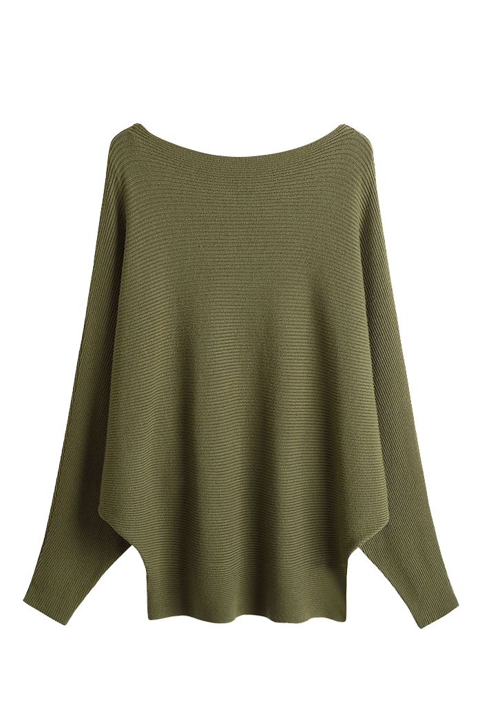 Boat Neck Batwing Sleeves Knit Top in Army Green