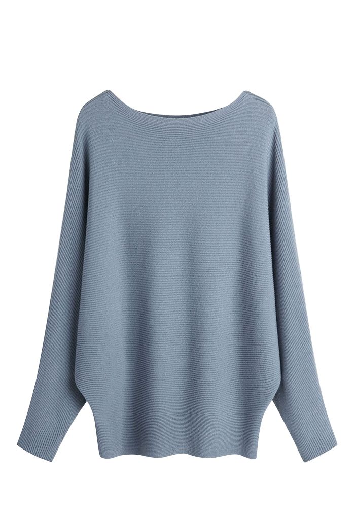 Boat Neck Batwing Sleeves Knit Top in Dusty Blue