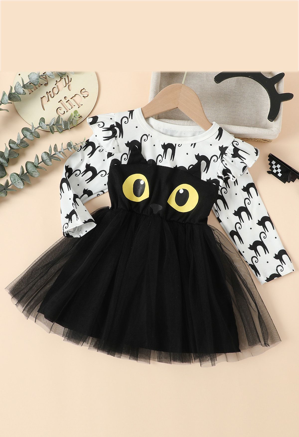 Kids' Black Owl Ruffle Mesh Tulle Spliced Dress in White