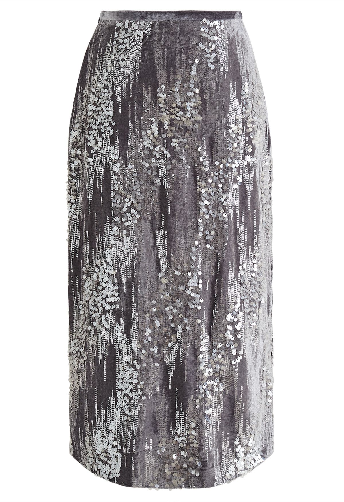 Velvet Sequins Embellished Pencil Skirt in Grey