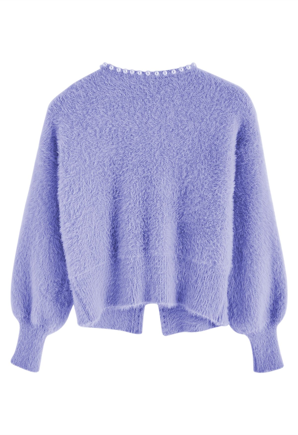 Open Front Pearly Fuzzy Knit Cardigan in Blue