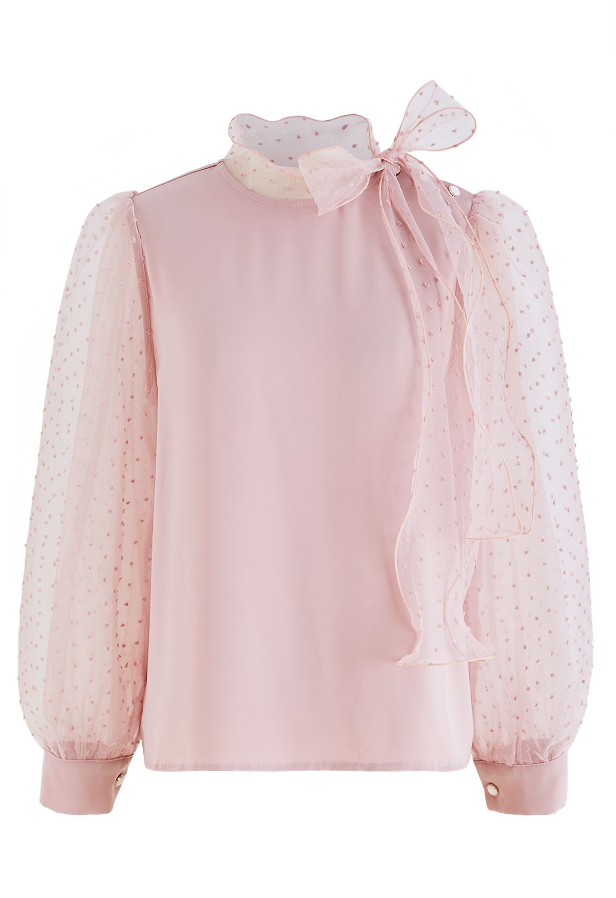 Flock Dots Organza Bubble Sleeve Bowknot Satin Shirt in Pink