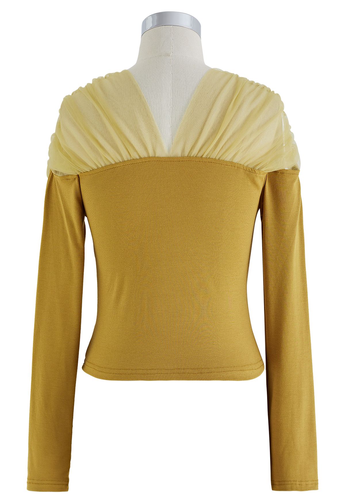 Groovy Mesh Shoulder V-Neck Fitted Top in Mustard