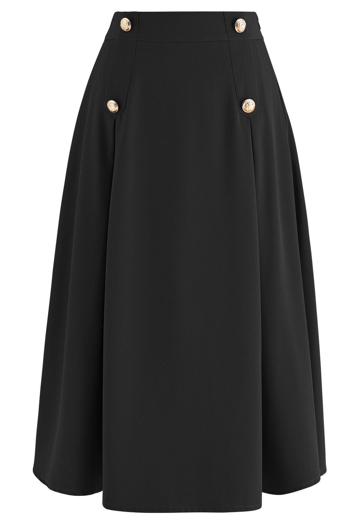 Buttoned Pleated A-Line Skirt in Black