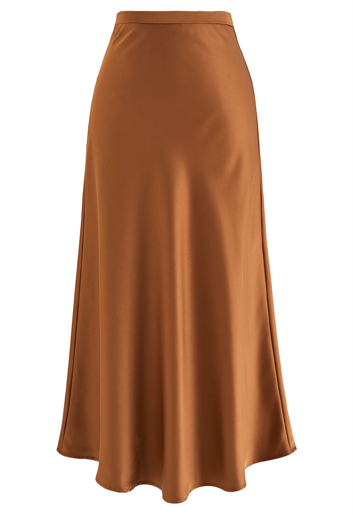 Satin Finish Bias Cut Midi Skirt in Caramel