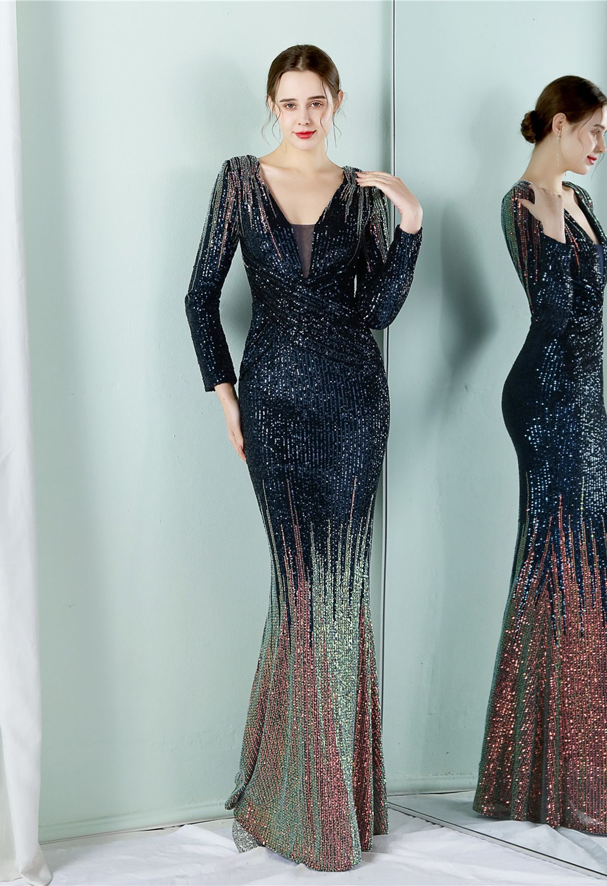 Full Sequin Two-Tone Crisscross Gown in Navy