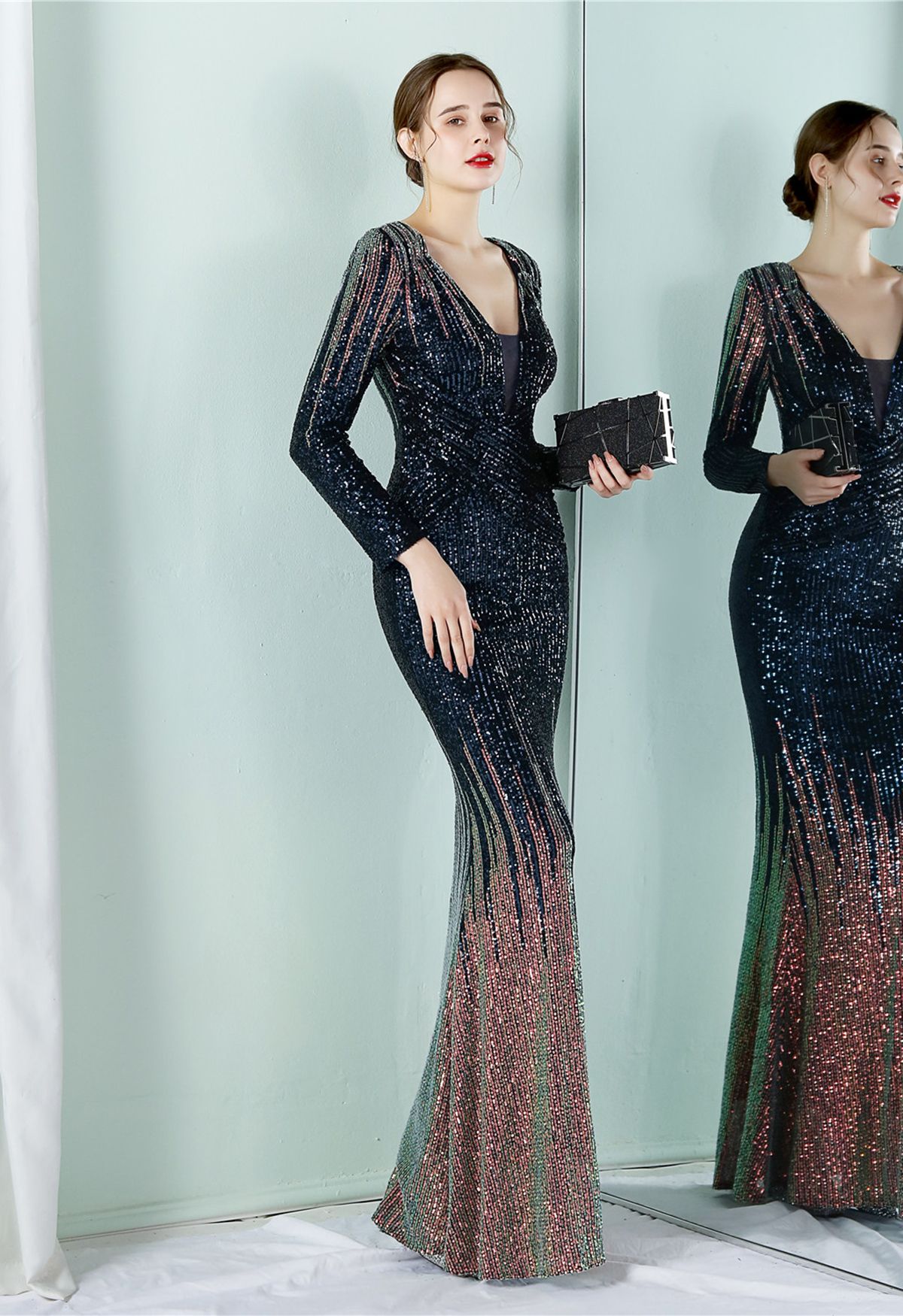 Full Sequin Two-Tone Crisscross Gown in Navy