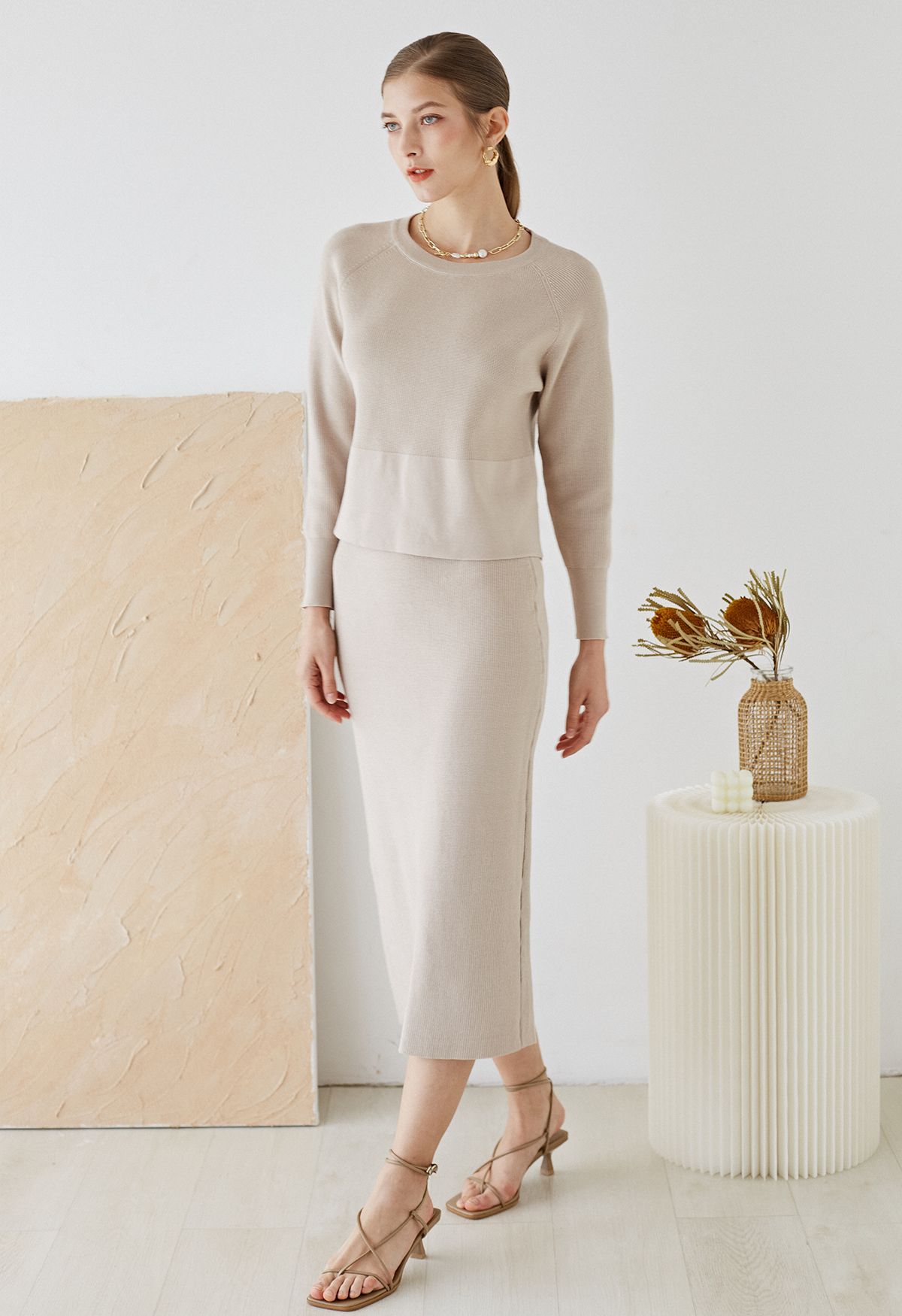 Comfy Ribbed Knit Top and Midi Skirt Set in Linen