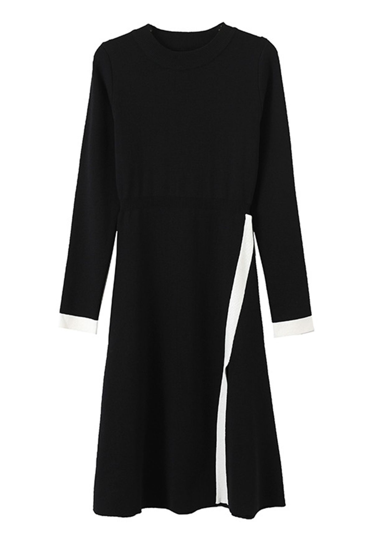 Contrast Line Split Hem Long Sleeve Knit Midi Dress