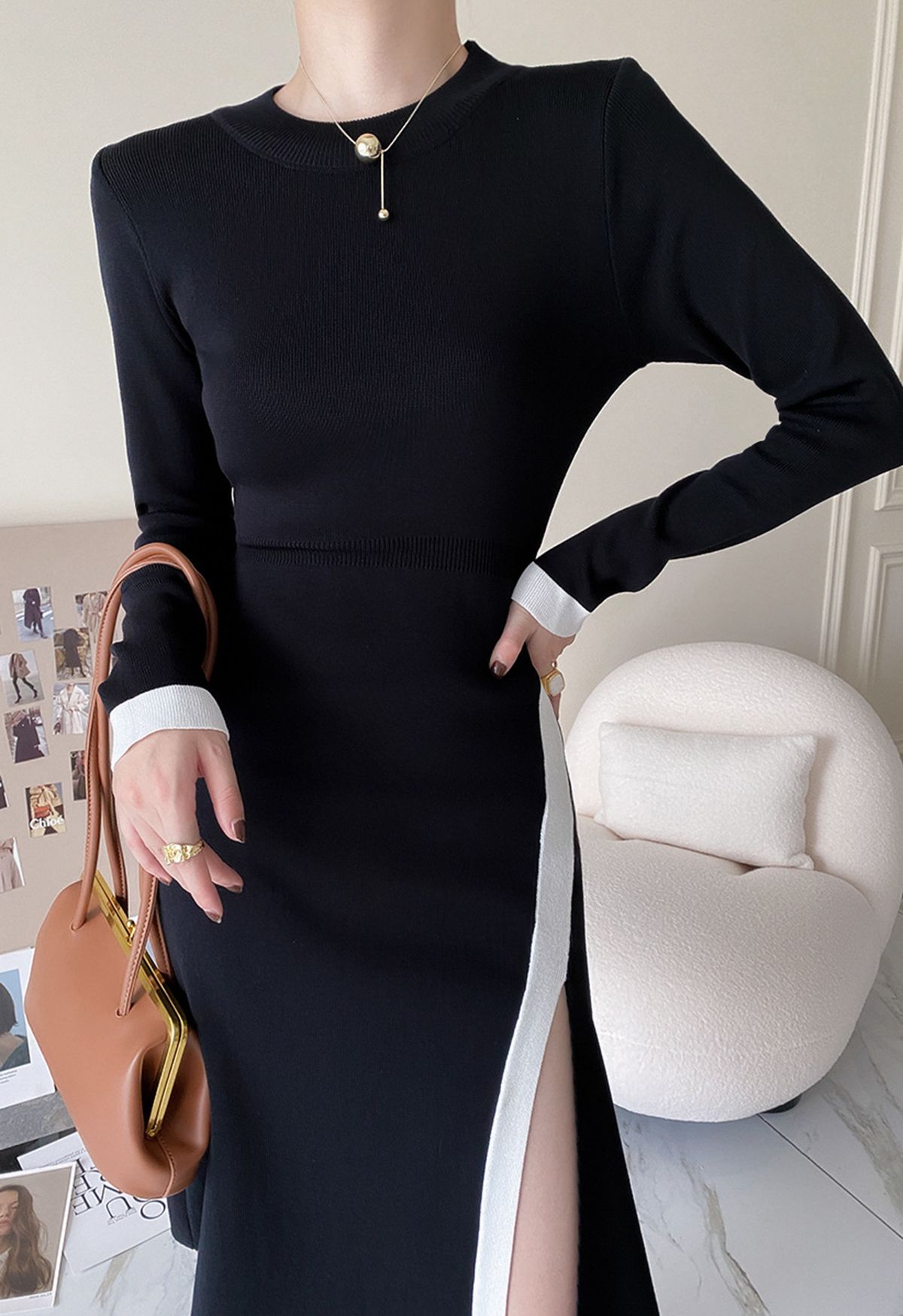 Contrast Line Split Hem Long Sleeve Knit Midi Dress