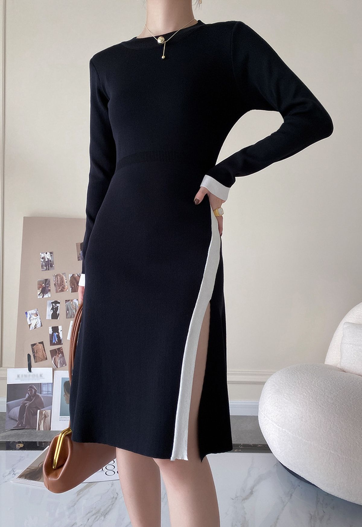 Contrast Line Split Hem Long Sleeve Knit Midi Dress