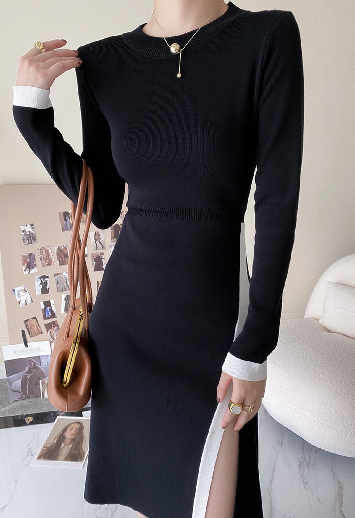 Contrast Line Split Hem Long Sleeve Knit Midi Dress