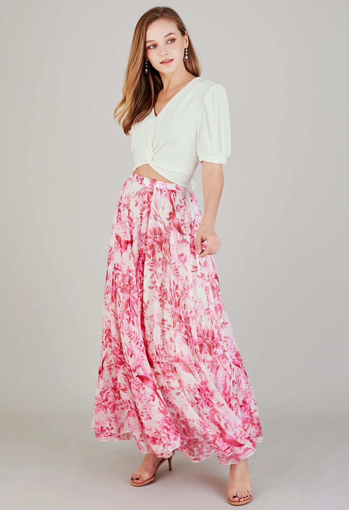 Summer Forest Printed Chiffon Maxi Skirt in Pink