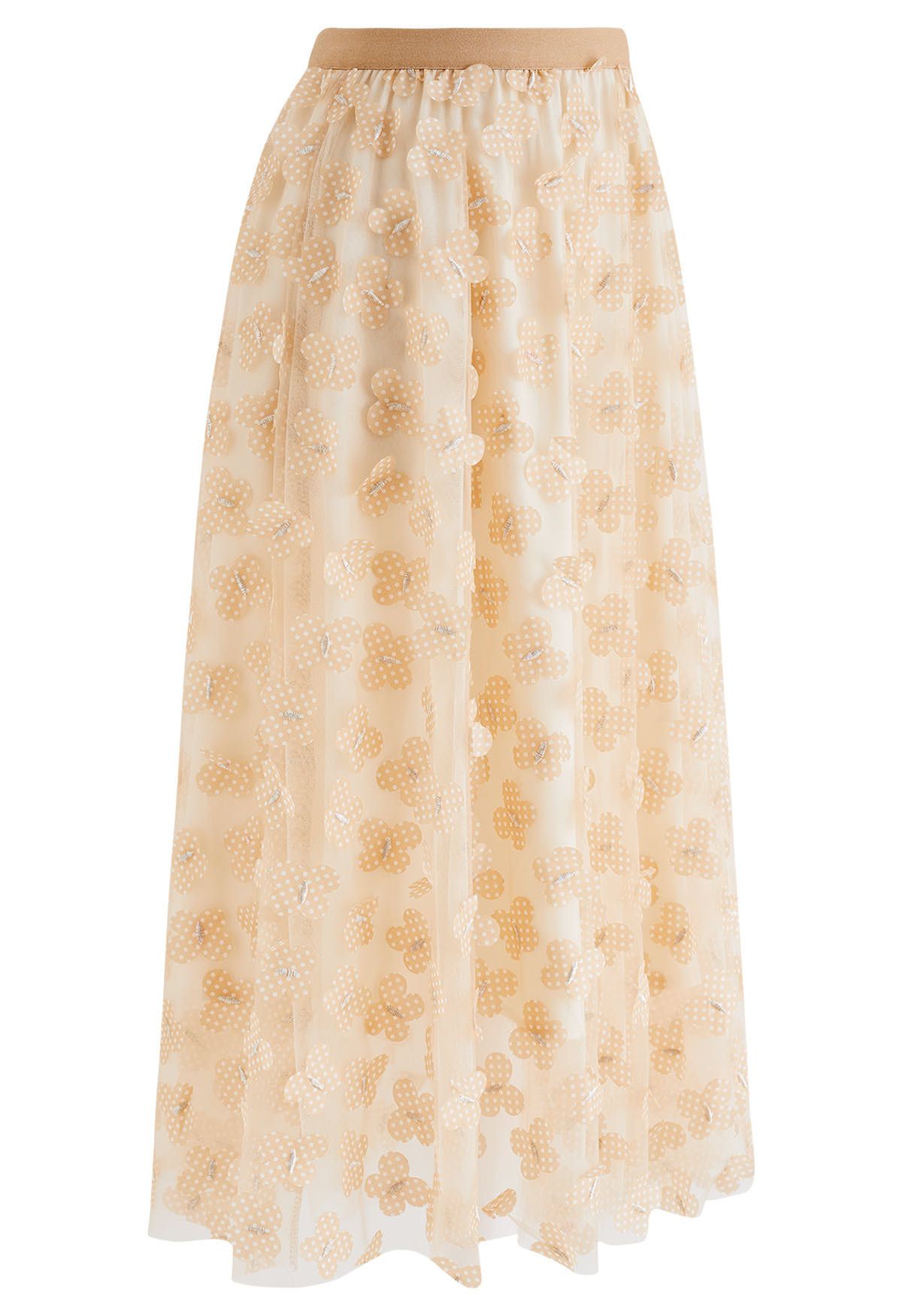 3D Dotted Butterfly Double-Layered Mesh Skirt in Light Tan