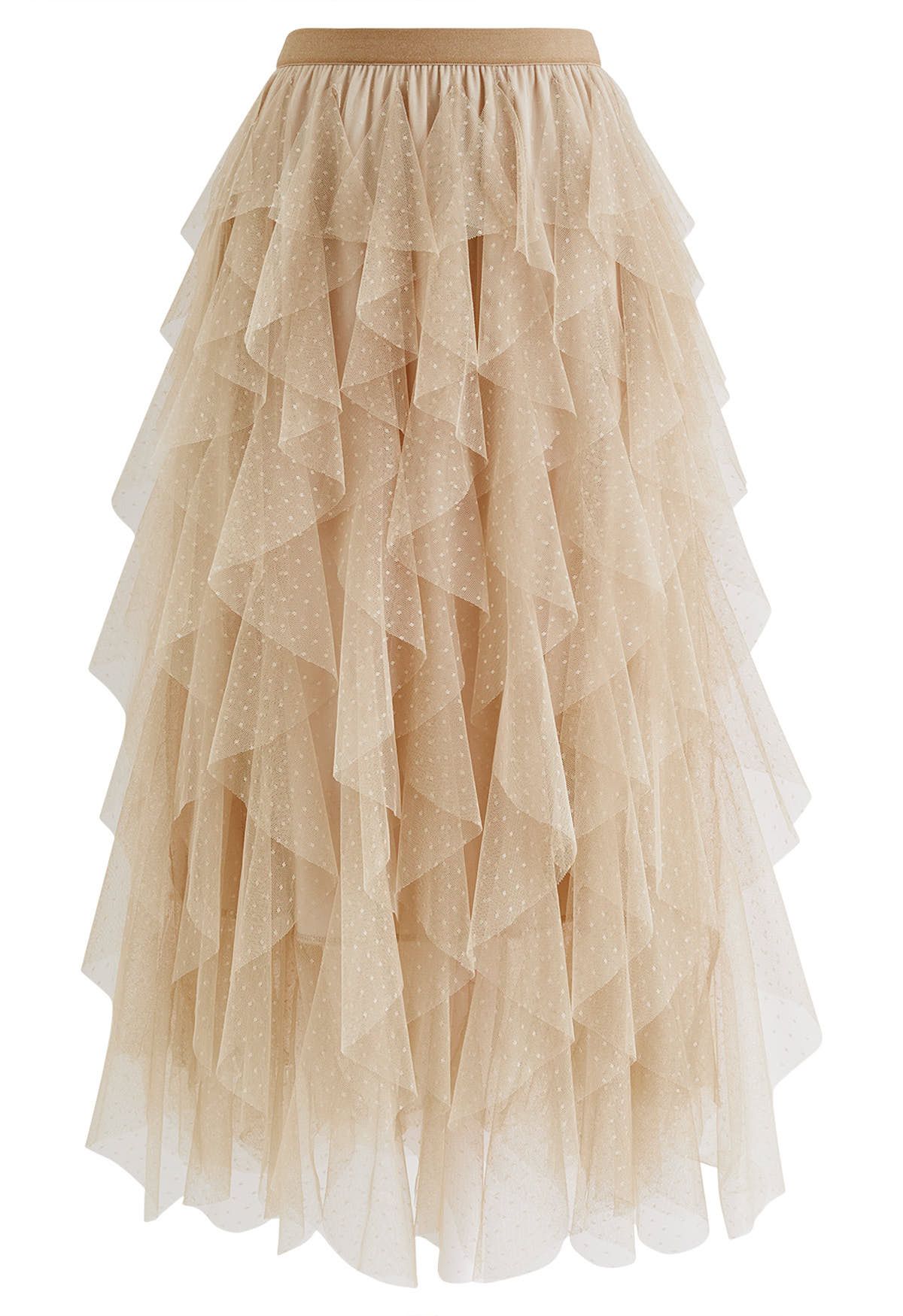 Dots Full Ruffled Tulle Skirt in Light Tan