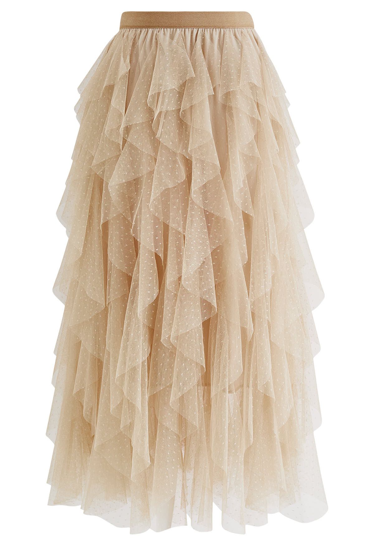 Dots Full Ruffled Tulle Skirt in Light Tan