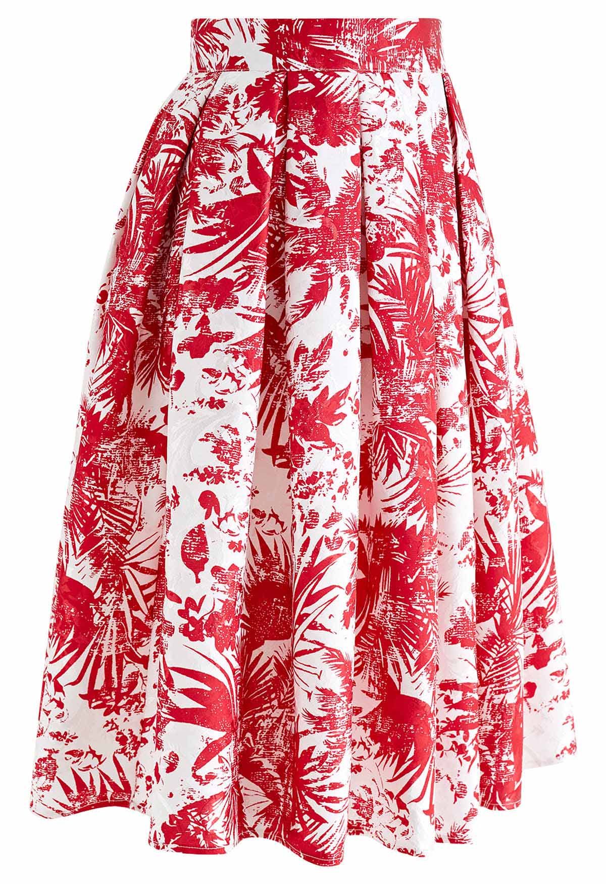 Tropical Groove Jacquard Pleated Midi Skirt in Red