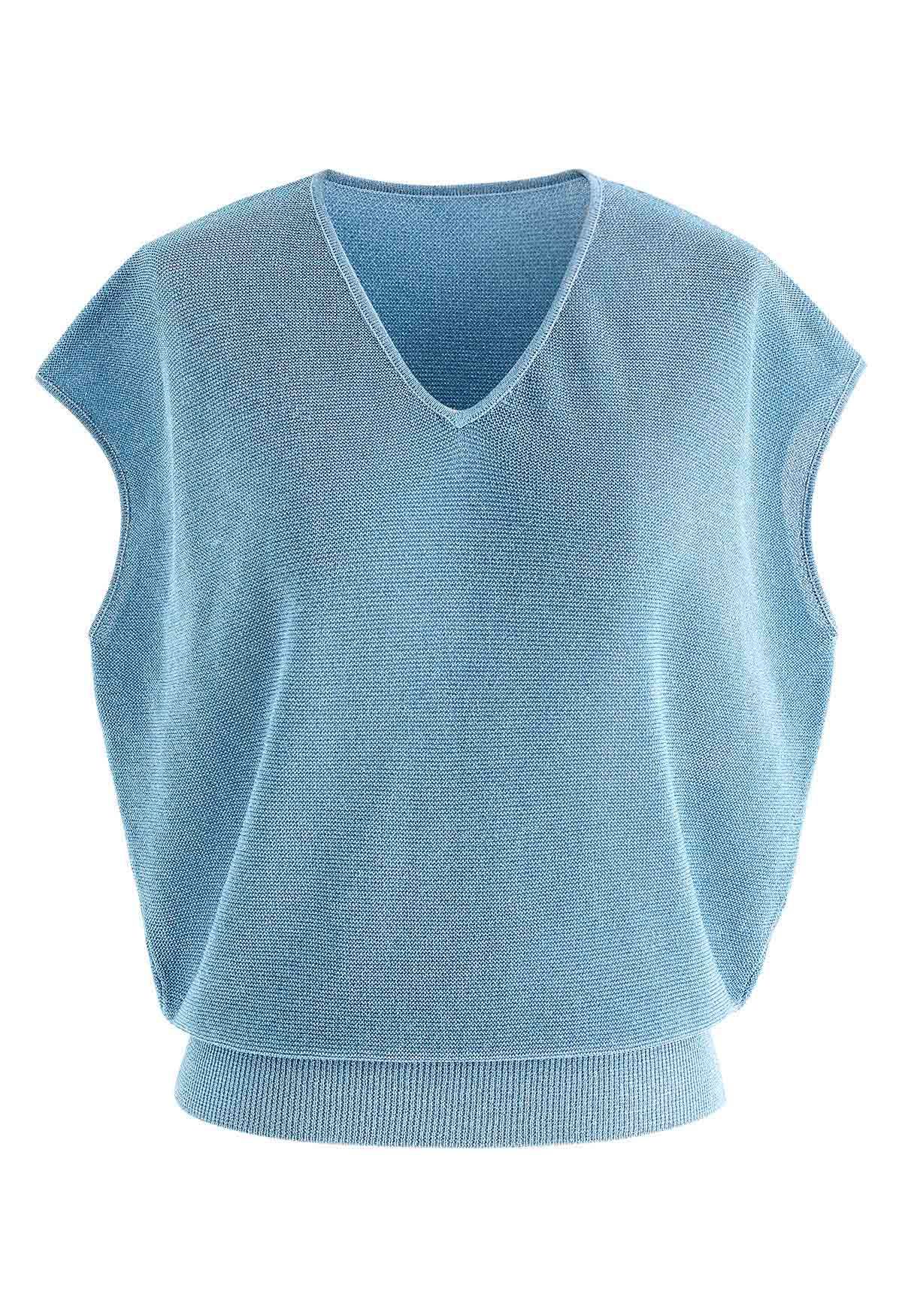 Glimmer Knit V-Neck Sleeveless Top in Blue