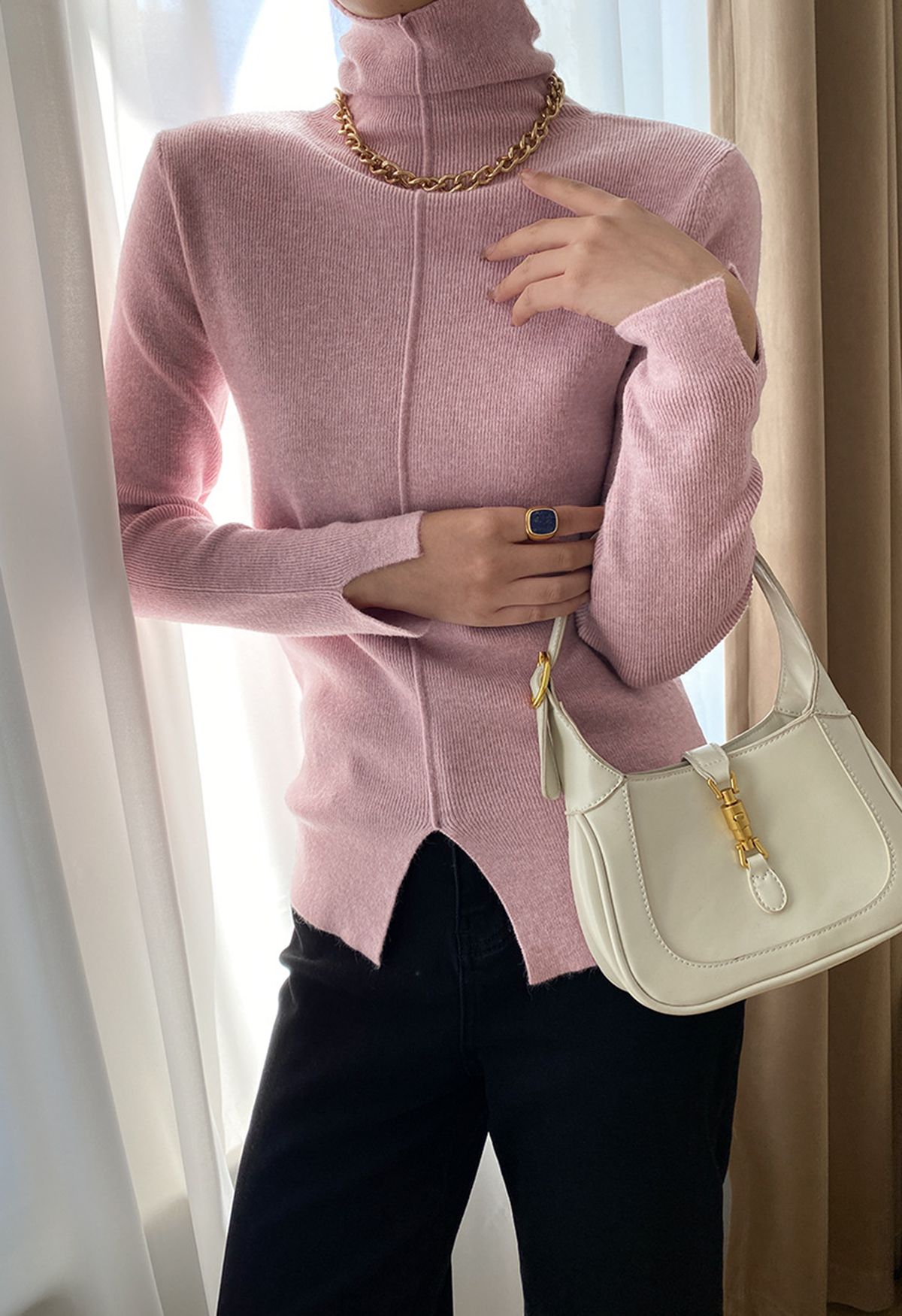 Seam Detail High Neck Slit Knit Top in Pink