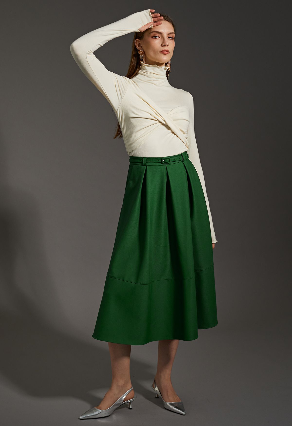 Side Pockets Pleated Belt Midi Skirt in Emerald