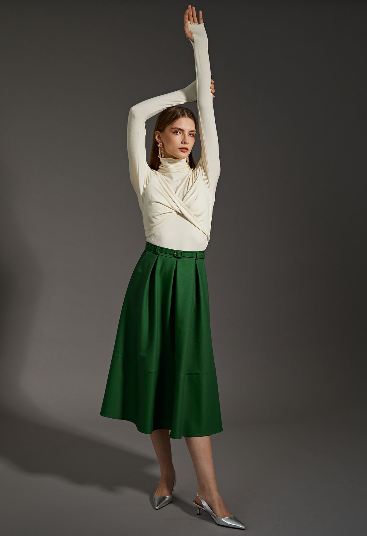 Side Pockets Pleated Belt Midi Skirt in Emerald