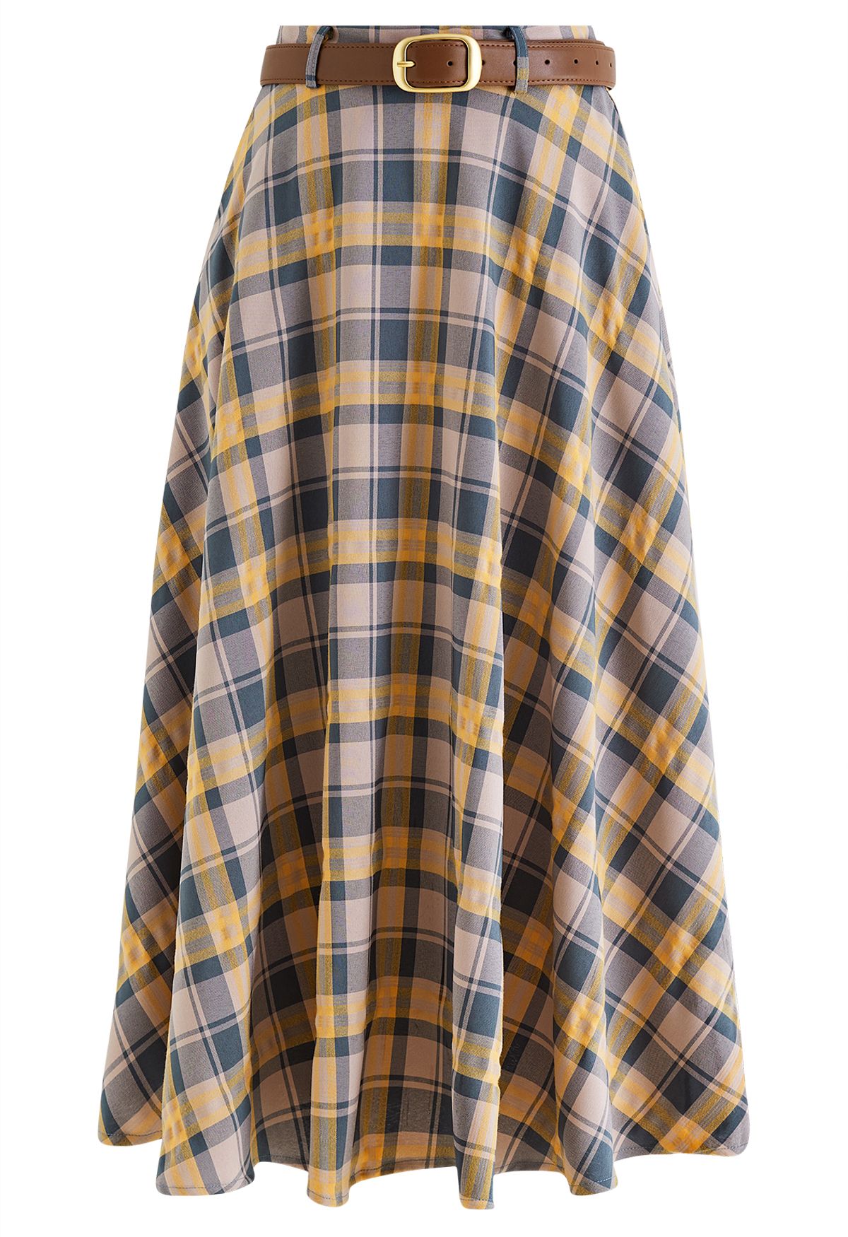 Vintage Belted Plaid Midi Skirt in Mustard