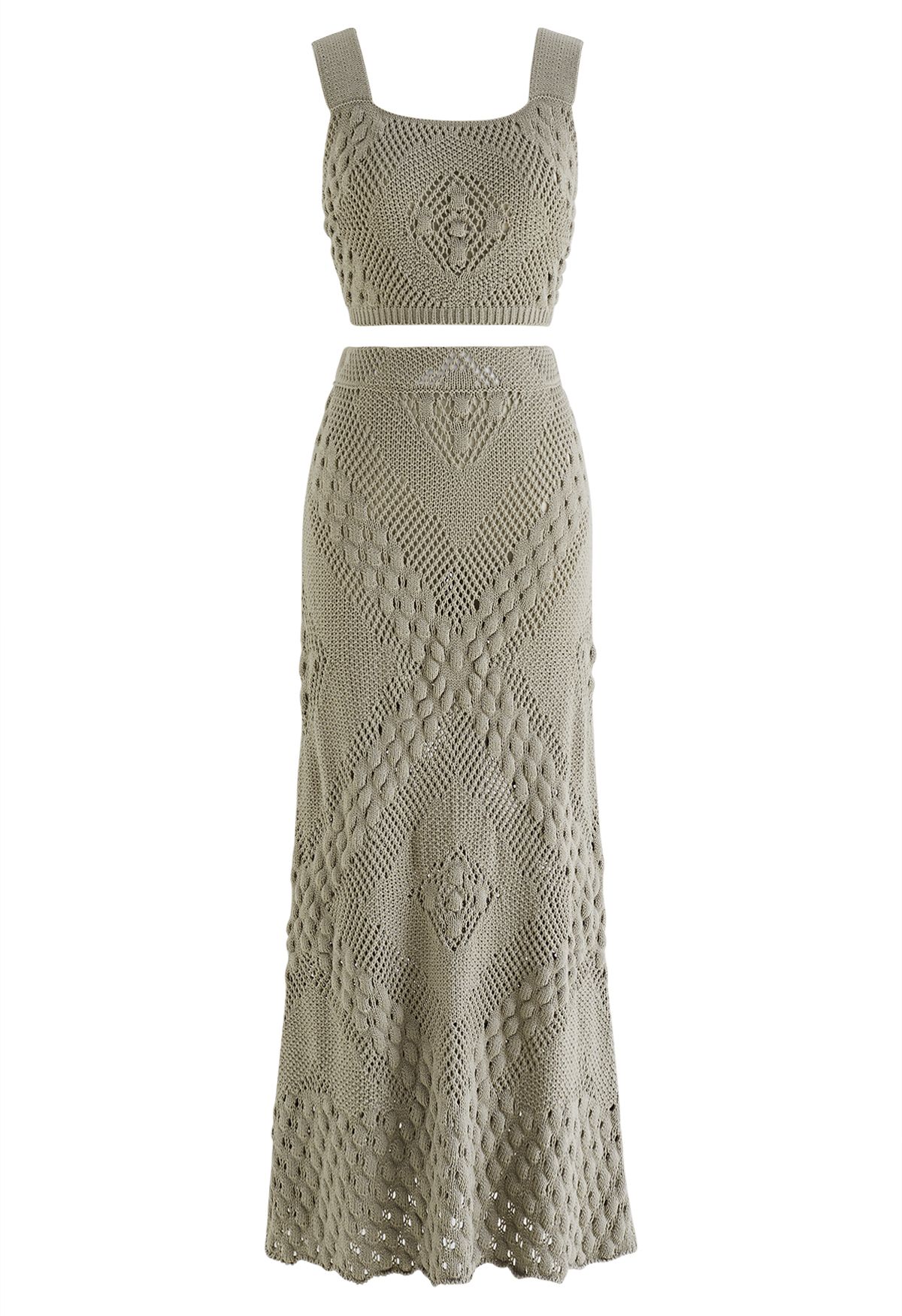 Embossed Pointelle Knit Tank Top and Skirt Set in Sage