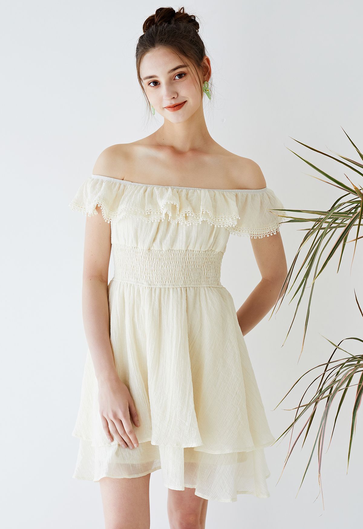 Off-Shoulder Tiered Ruffle Shirred Dress