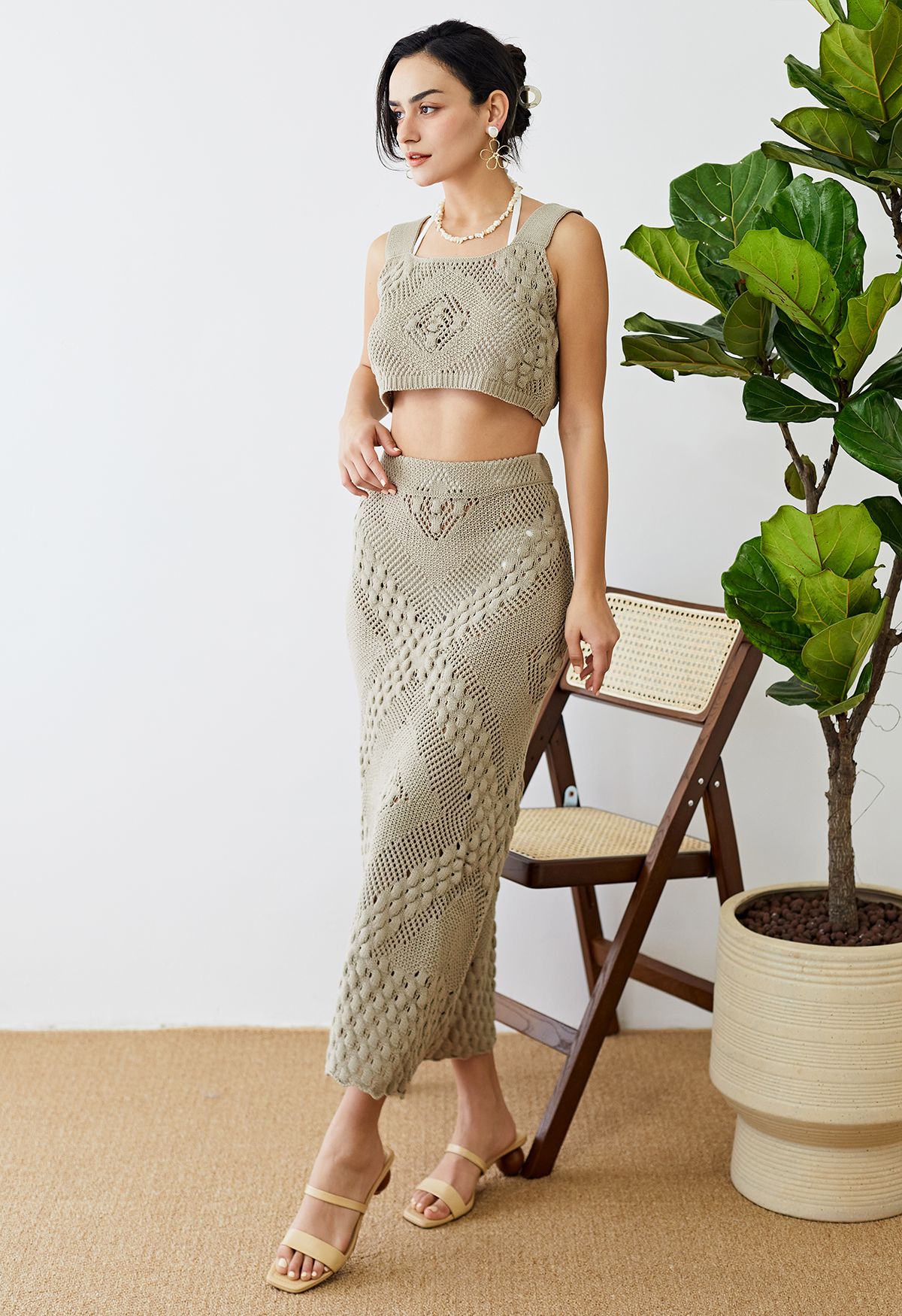 Embossed Pointelle Knit Tank Top and Skirt Set in Sage