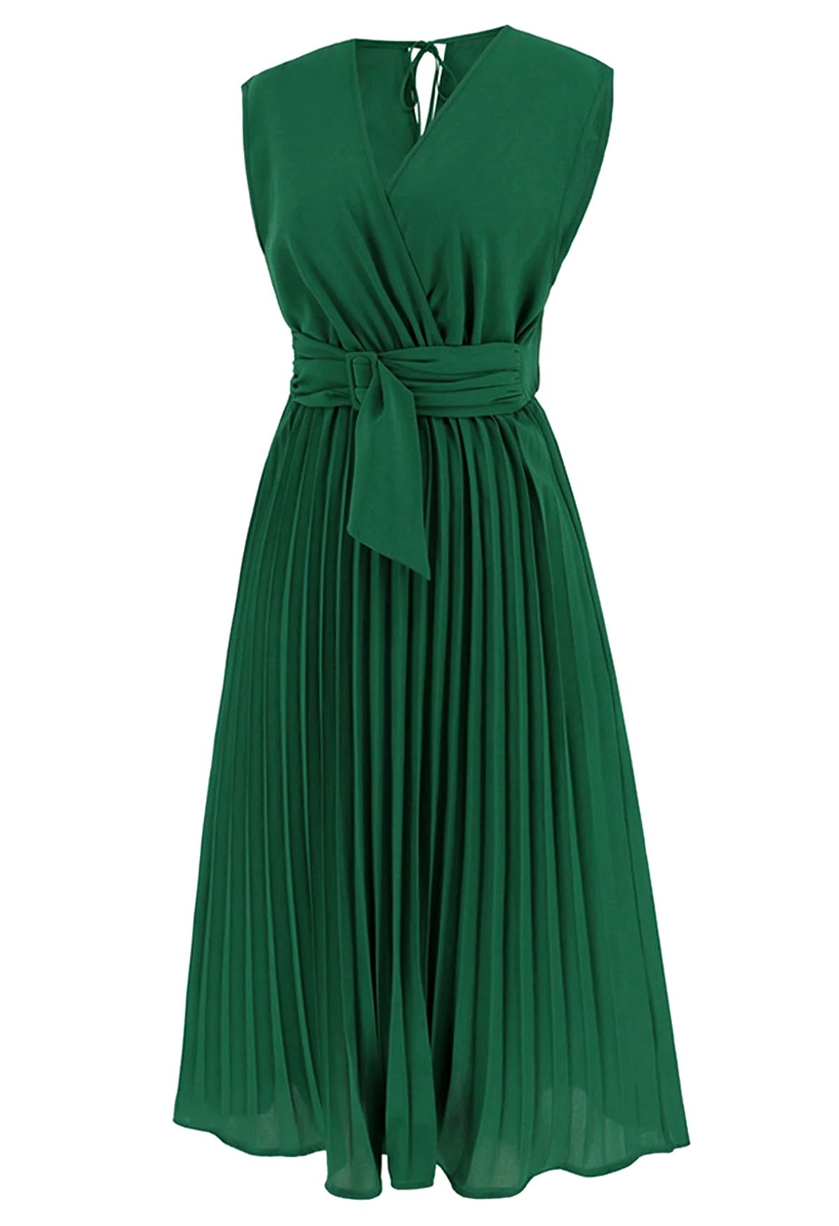 Sash Adorned Pleated Wrap Sleeveless Dress in Green