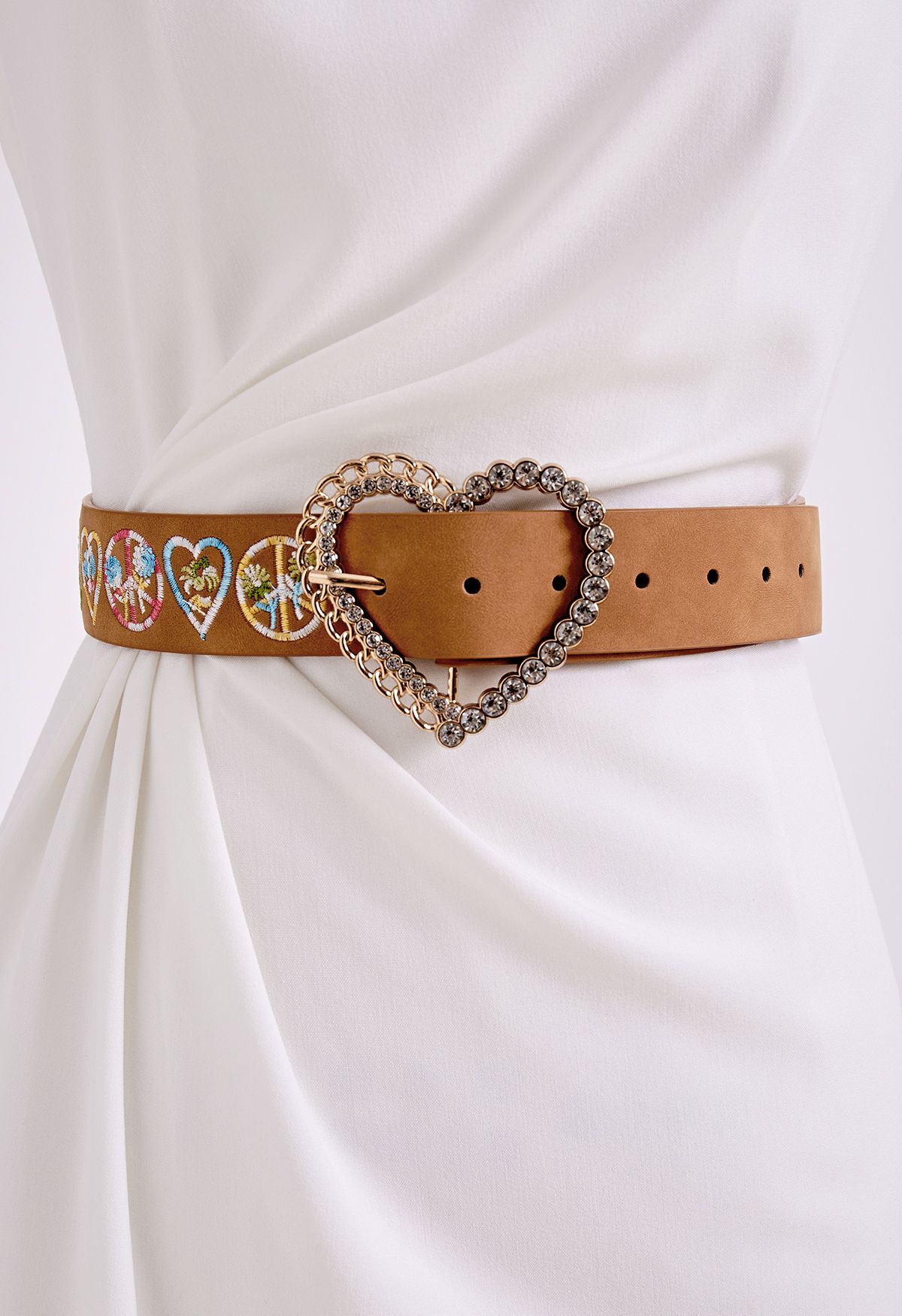 Rhinestone Heart Floral Embroidered Belt