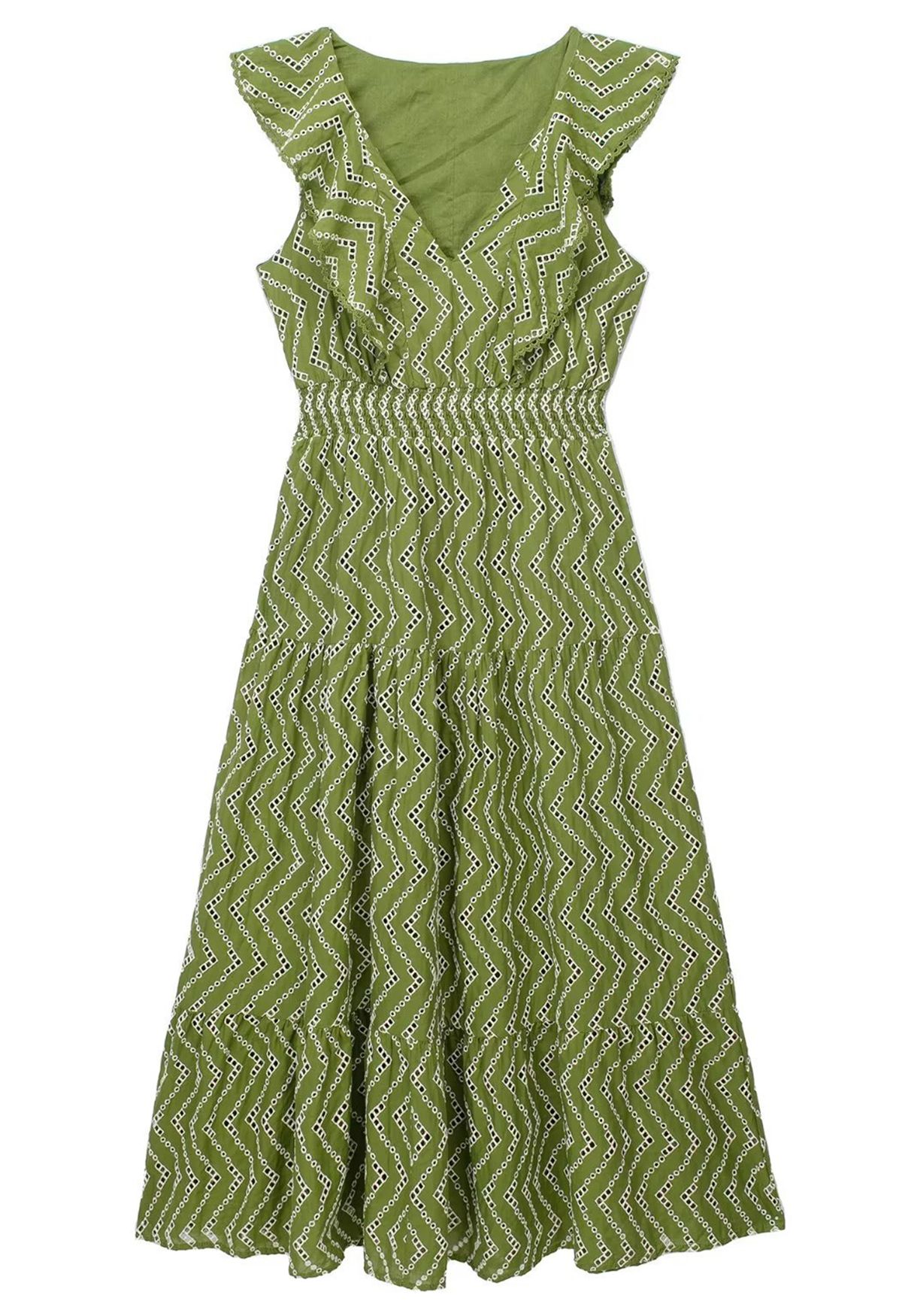 Ruffle V-Neckline Embroidered Sleeveless Dress