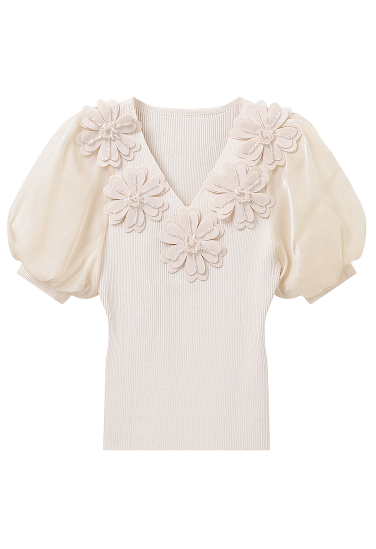 3D Flower Bubble Sleeve Knit Top in Cream