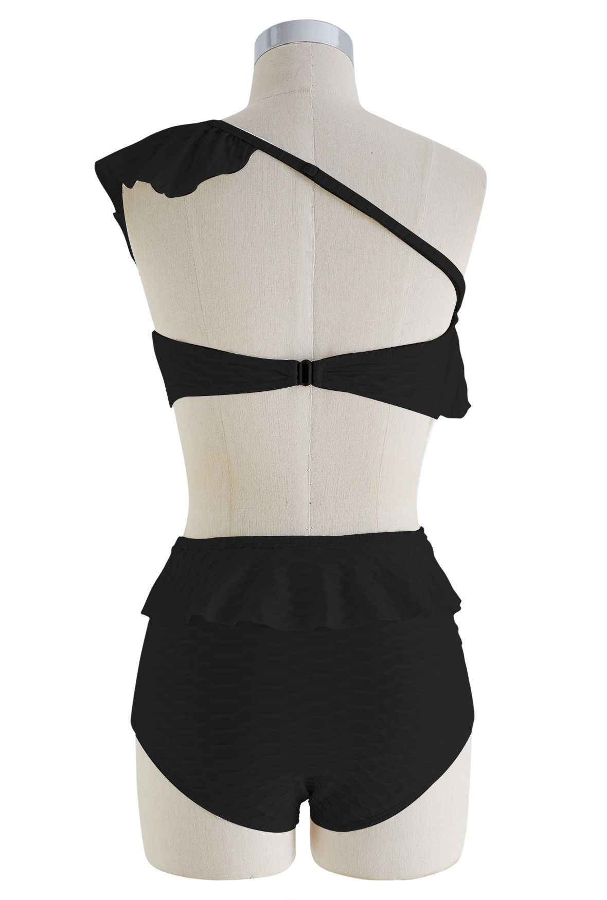 Ruffle One-Shoulder Cutout Swimsuit in Black