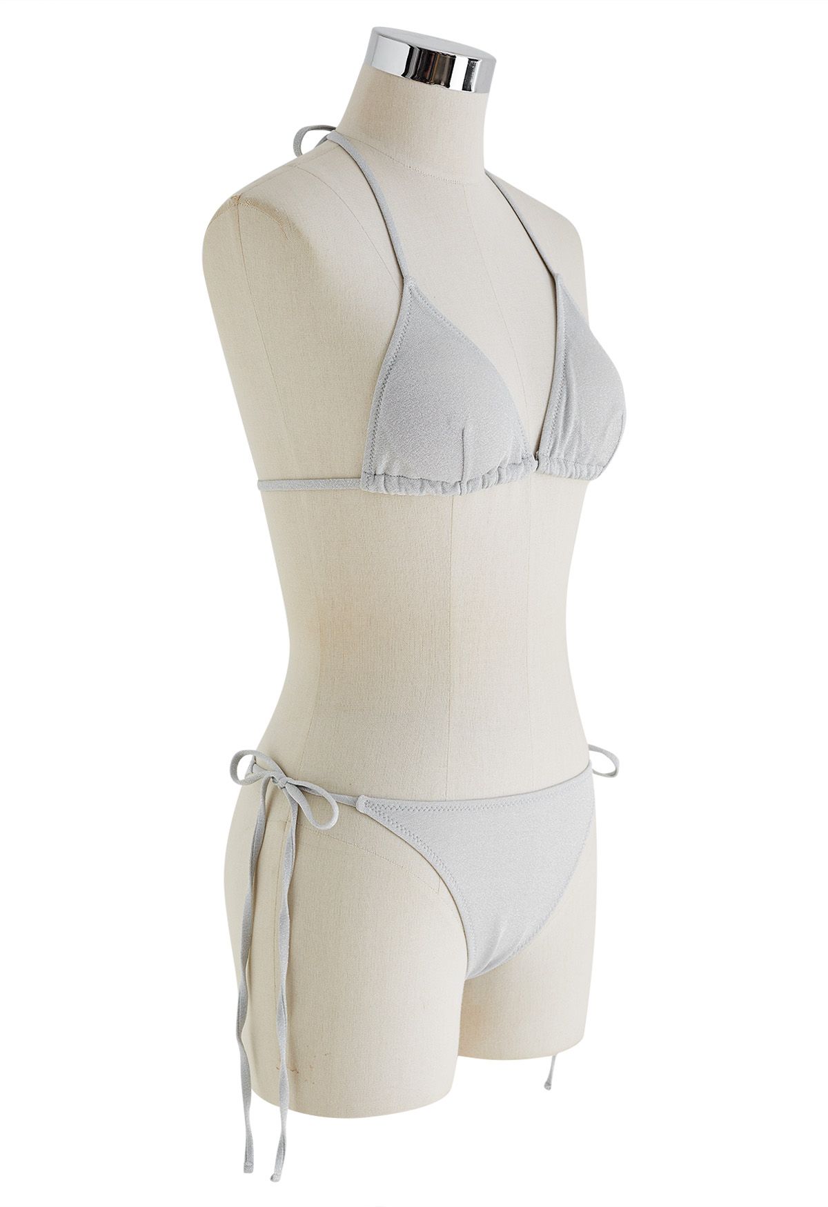 Dazzling Metallic Tie-String Bikini Set in Grey