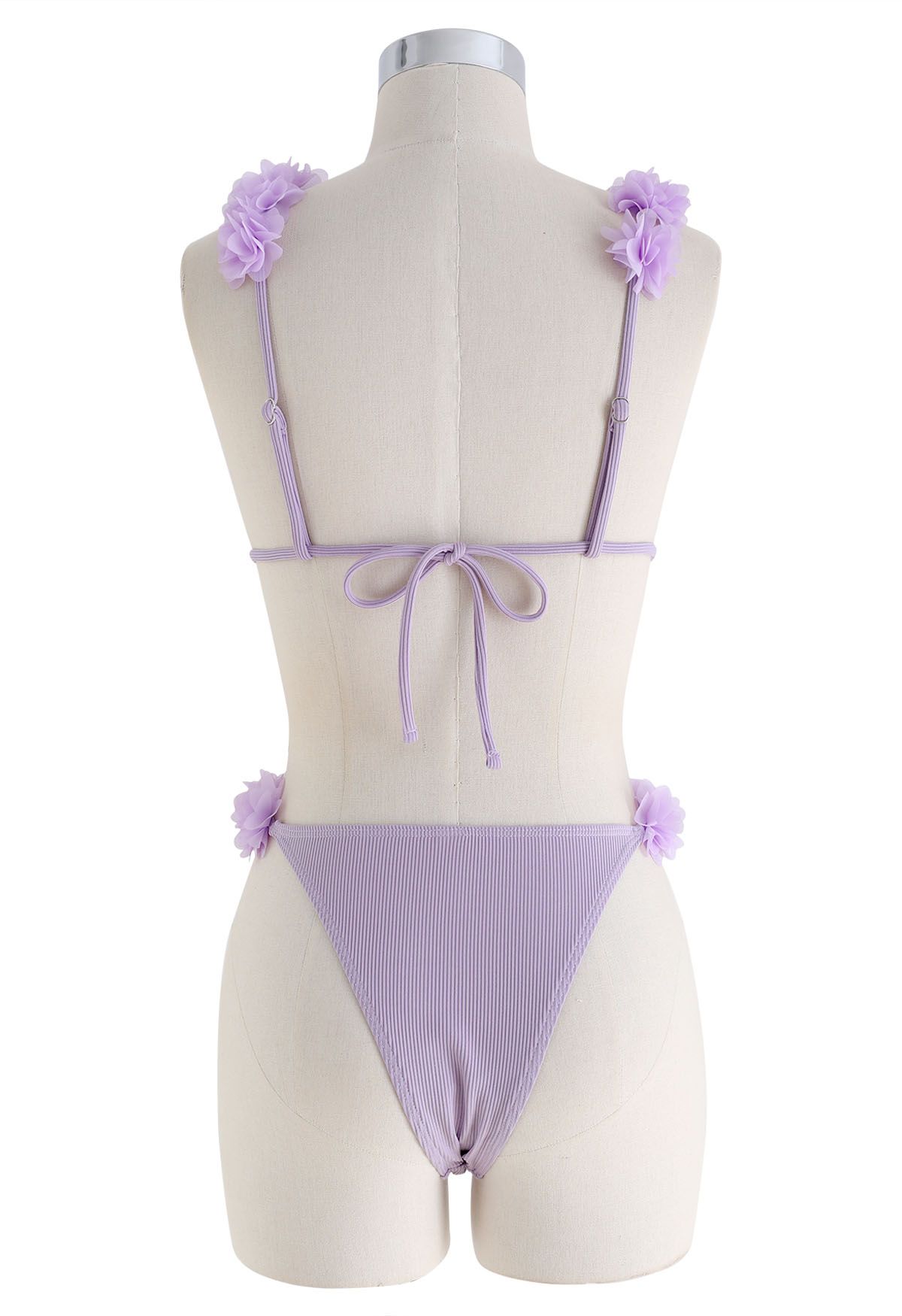 3D Mesh Floral Deep-V Bikini Set in Lilac